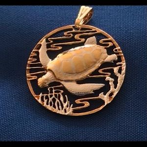 Sea Turtle In Reef Pendant, Hand Pierced Two-Toned Rhodium & 14 Karat Gold